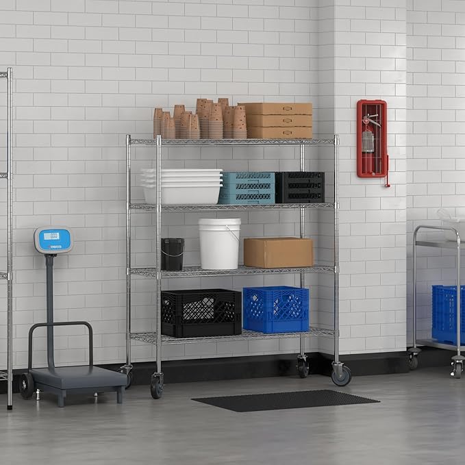 Commercial NSF Listed Chrome Mobile Wire Shelving Kit 18 x 48 x 60 with 4 Shelves Perfect for Warehouse Walk-in Refrigerator Freezer Grocery Store Restaurant Dishroom