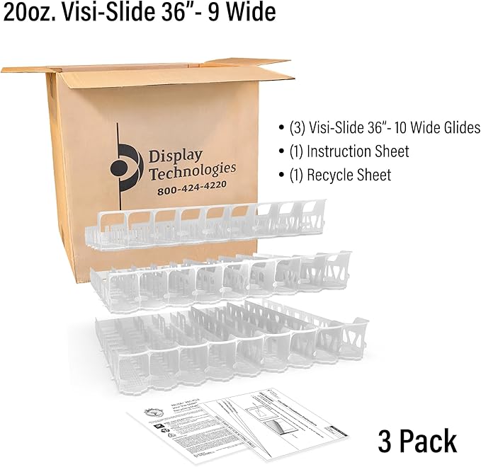 Display Technologies Visi-Slide Gravity-Fed Beverage Glide for Angled Shelves (Pack of 3)- Effortless Beverage Organization for 20/25oz - 9-wide 36D
