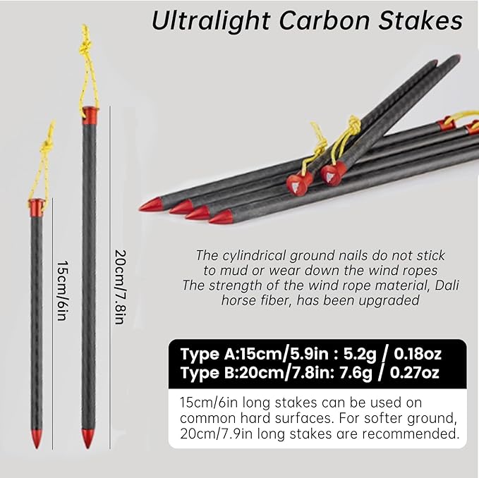 10 Pack Camping Tent Stakes 6/7.9 Inch Non-Rust Ground Pegs Ultralight Carbon Canopy Spikes Lightweight Anchors Used on Rocks Ideal Camp Nails for Camping Trampolines Sheds Backyard Swing Sets