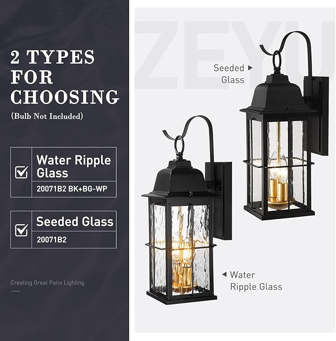 zeyu 17.2 Inch Exterior Black Light Fixture 2-Light Outside Wall Light for House Die-Cast Aluminum with Water Ripple Glass Black and Gold Finish 20071B2 BK+BG-WP