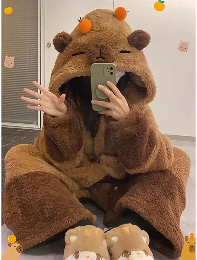 Warm one-piece blanket pajamas in autumn and winter cute shark capybara robe hooded coral velvet padded velvet home clothes.