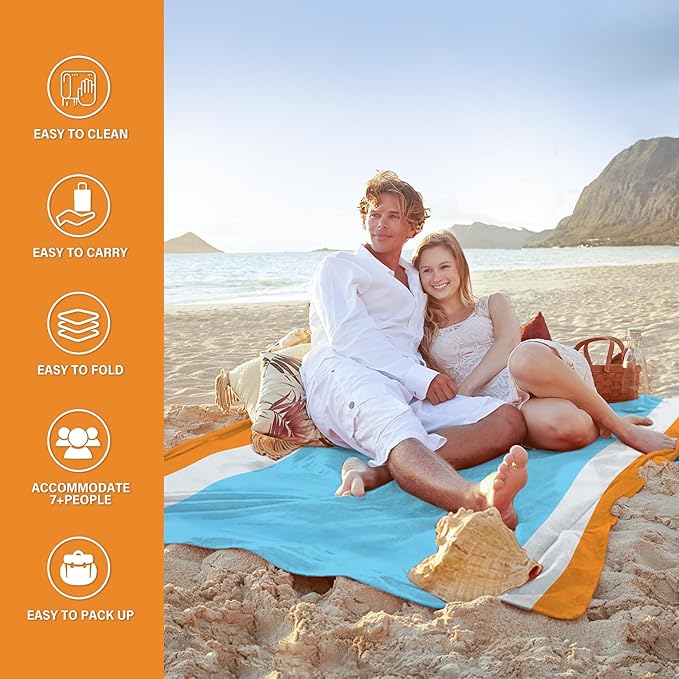 Beach Blanket Oversized Extra Large 10'X 9'Waterproof Sandproof Beach Blanket 2-8 Adults Lightweight Durable for Travel Camping Hiking Picnic (10'X 9' Orange&ampBlue)