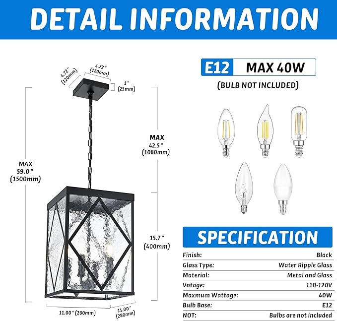 Outdoor Pendant Light with Water Ripple Glass 4-Light Exterior Hanging Porch Light Large Lantern Pendant Light Waterproof Black Outside Chandelier for House Front Door Patio Entrance