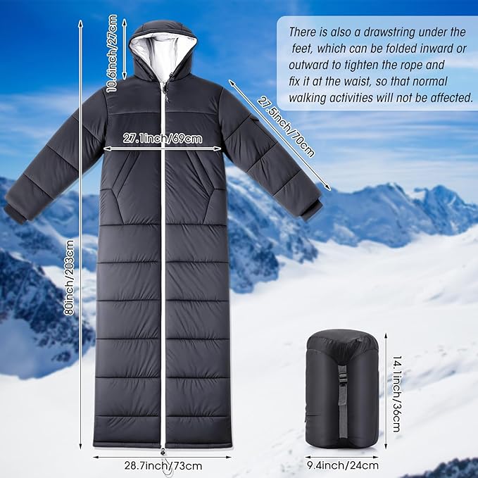Macarrie Cold Weather Wearable Sleeping Bag for Adults with Sleeves and Hood 74 Inch Long 0 Degree Winter Weather Insulated Extreme Cold Sleeping Bag Coat for Camping Hiking Stadium