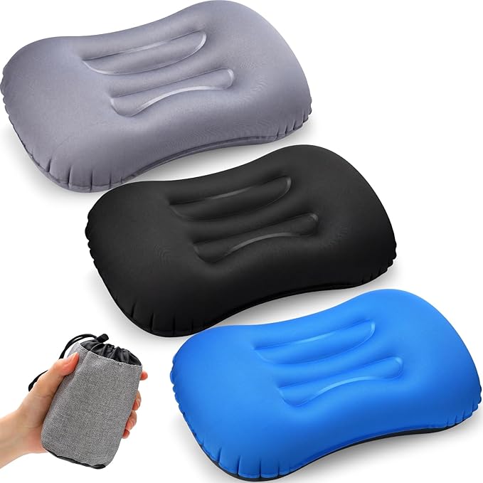 Yulejo 3 Pcs Inflatable Camping Travel Pillow Ultralight Inflating Pillows Lightweight Portable Backpacking Pillow for Neck Lumbar Support Camp Hiking Sleeping(Dark Gray Black Dark Blue)