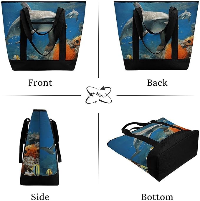 Insulated Shopping BagLarge Reusable Cooler Bags Dolphins Blue Printed Foldable Shopping BagTravel Waterproof Shoulder Bag