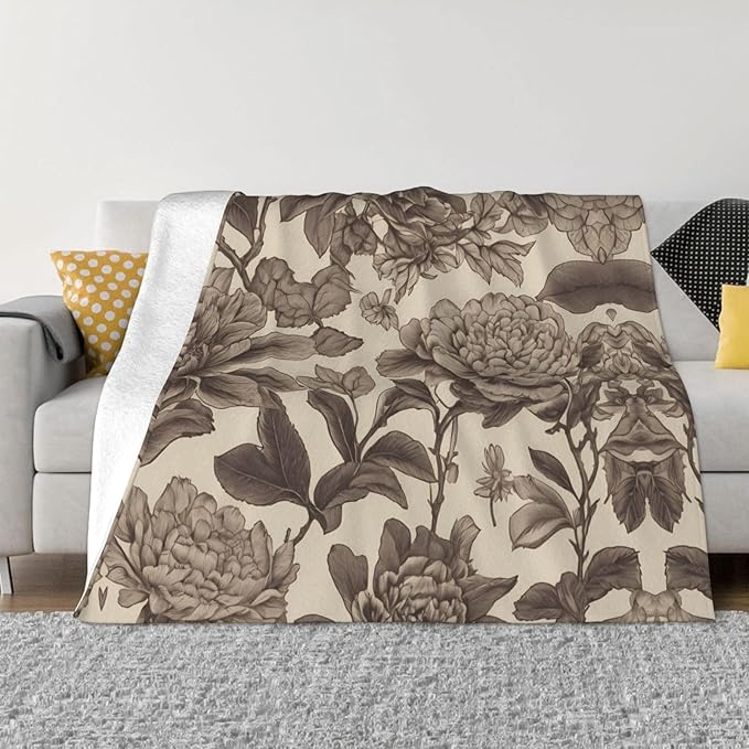 Retro Flowers 80x60 Printed Soft Fleece Blanket for Sofa Bed and Camping - Cozy Blanket for Travel Picnics Nighttime Use