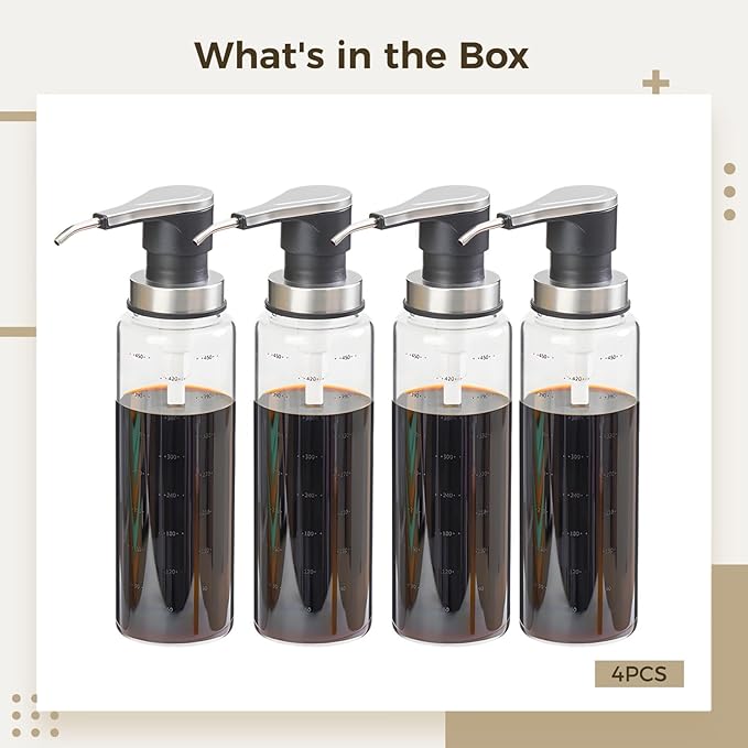 4 Pcs 16.9 Oz Pressing Sauce Bottles Clear Glass Dispensers with Pumps Stainless Steel for Coffee Syrup and Salad Dressing Leak-Proof
