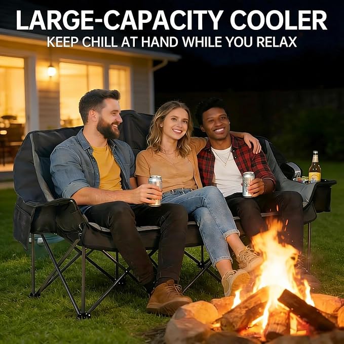 3 Person Camping Chair for Adults Folding Double Camping Chair Oversized Heavy Duty Camping Loveseat with Cup Holders &amp Carry Bag Portable Outdoor Lawn Chair for Camping Beach Backyard Black &a