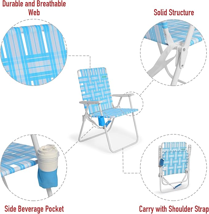 SunnyFeel 15 Tall Folding Webbed Lawn Beach Chair for Adults 2 Pack Oversized Portable High Seat Sand Chair Heavy Duty 300 LBS Foldable Camping Chairs for Camp/Outdoor/Picnic/Concert/Sports
