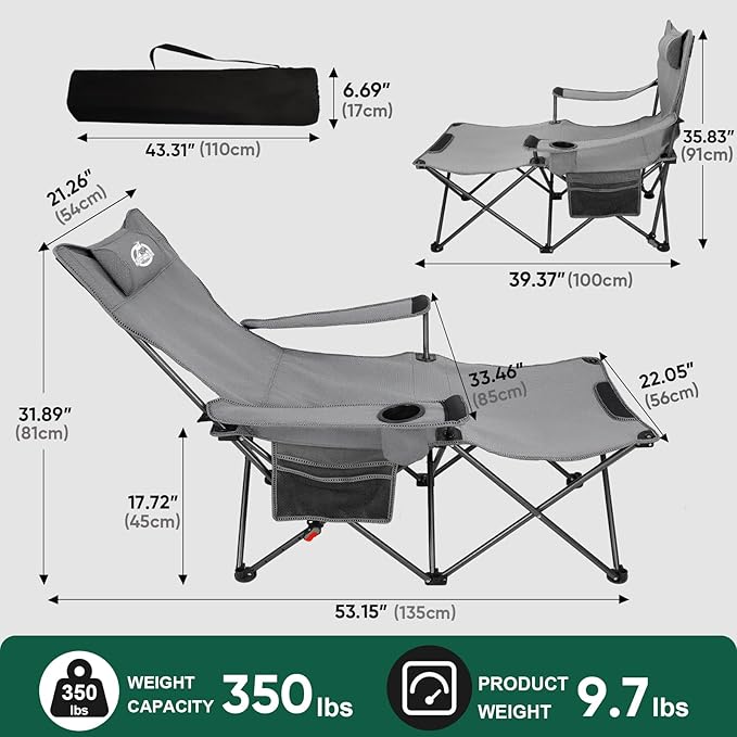 Northroad Foldable Camping Chair w/Foot Rest Outdoor 6 Legged Beach Chair w/Footrest Adjustable 90°- 135° Reclining Lounge Chair w/Detachable Pillow Cup Holder &amp Carry Bag