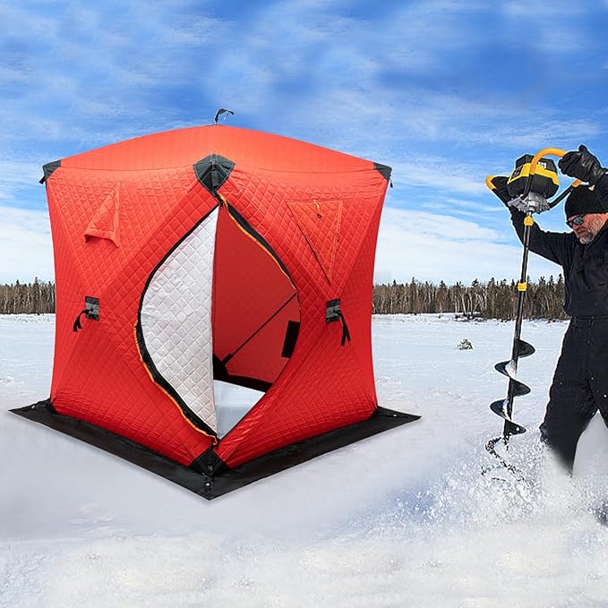 Portable Ice Fishing Tent for 1-2 Person Insulated Tent 57''×65'' Hub-Style Ice Shelter Thermal Ice-Shanty Oxford Cloth Windproof Ice-Shack for Winter-Fishing Lake River Outdoor