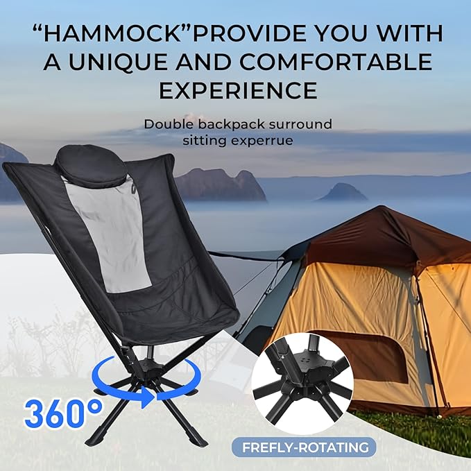 East Oak Swivel Camping Chair – High-Back Portable Folding Chair with Pillow Sets Up in Seconds Supports Up to 350 lbs Compact Lightweight Backpacking Chair for Hiking Beach and Sports Events