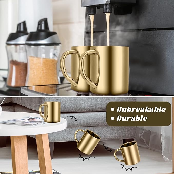 Cunhill 4 Set Small Stainless Steel Coffee Mug 7.5oz/220ml Double Walled Cups Camping Mug with Handle Metal Dishwasher Safe Tea Cups for Home Travel Camping Outdoors Rv Keep Drinks Hot (Gold)