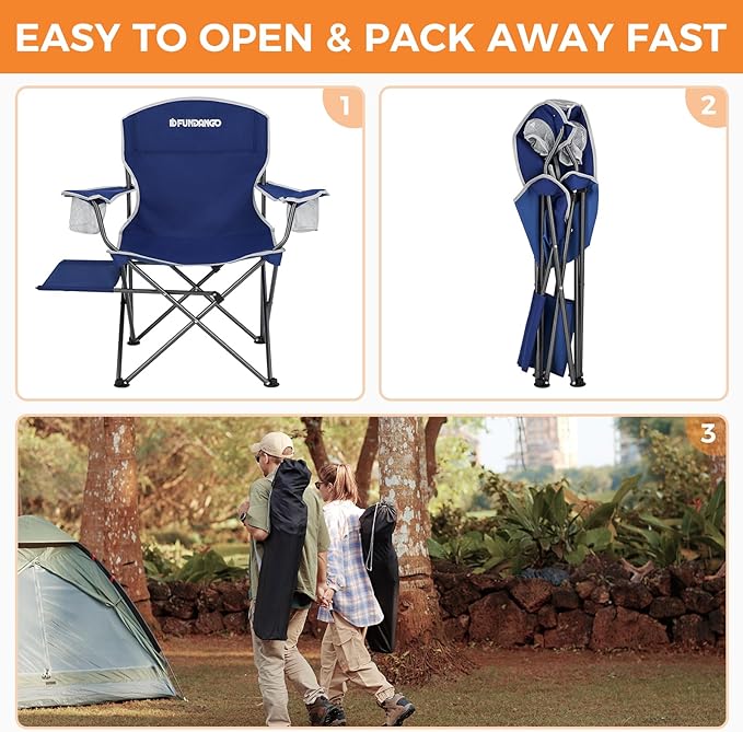 FUNDANGO Folding Padded Camping Chair Portable Outdoor Full Back Lawn Arm Chair with Side Table Cup Holder Side Pocket for Garden Picnic BBQ with Carry Bag Support 300LBS