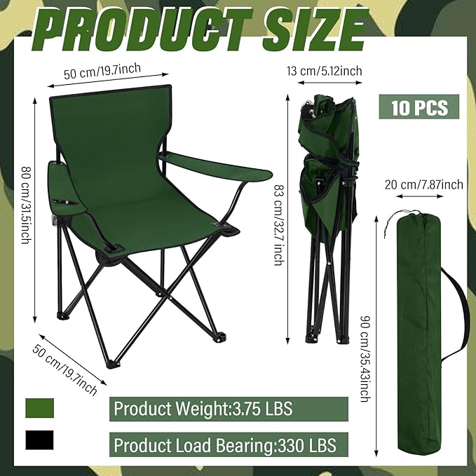 Huwena 10 Pack Folding Camping Chairs with Cup Holder and Carry Bags Portable Outdoor Lawn Chairs Bulk for Picnic Party Backyard Events Beach Outdoor Activities