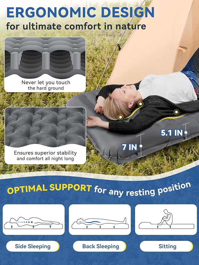 Camping Sleeping Pad Ultra-Thick 5.1 Camping Mat with Pillow Built-in Foot Pump Inflatable Sleeping Pads Compact for Camping Backpacking Hiking