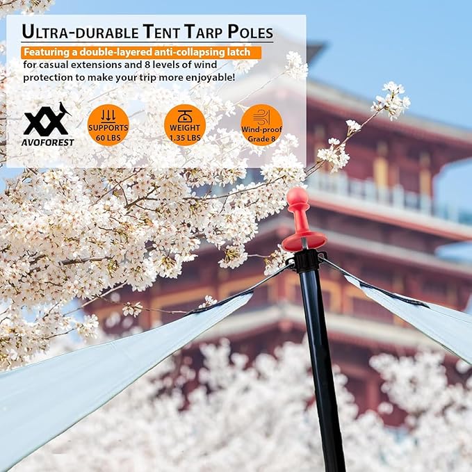 Tarp Poles Heavy Duty Adjustable AVOFOREST Aviation Aluminum 8.7FT Tent Poles Lengthen and Thicken with Protection Cap Awning Poles Set of 4 for Hiking