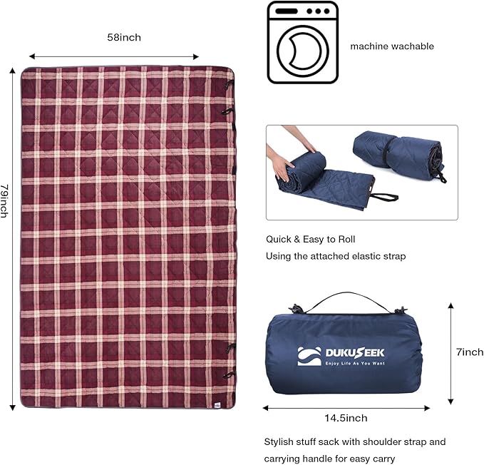 DUKUSEEK Hooded Outdoor Blanket Extra Large 79 x 59 Waterproof Camping Blanket Quilted Thick Fleece Warm Windproof Sand Proof Portable and Wear-Resistant Perfect for Stadium Picnic…