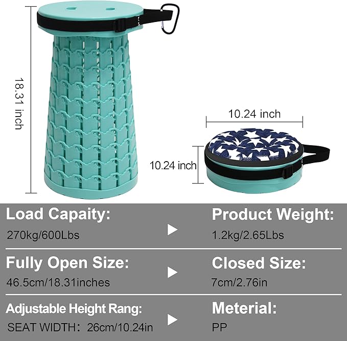 ALEVMOOM Upgraded Collapsible Stool with Thickened Cushion 18.1600Lbs Max Weight Wider &amp Taller Pop Up Stool Heavy Duty Portable Retractable Folding Chair or Travel Foot Rest for Camping Outdoo