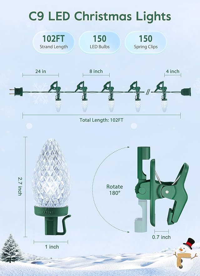 Brightown C9 LED Christmas Lights Outdoor 99 Feet 150 LED C9 String Light with 150 Spring Clips Waterproof Connectable Christmas Tree Lights for Outside Roofline Patio Home Xmas Decor Pure White