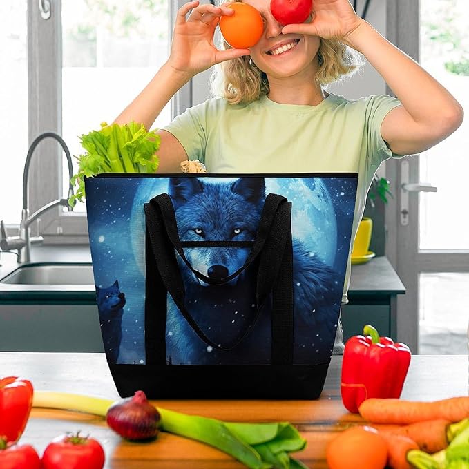 Insulated Shopping BagLarge Reusable Cooler Bags Wolfs Printed Foldable Shopping BagTravel Waterproof Shoulder Bag