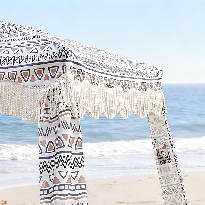 AMMSUN Beach Cabana with Fringe 6.5' x 6.5' Boho Beach Canopy with Tassels Easy Set up &amp Premium Wood Pole Cabana Tent with Sand Pockets Instant Sun Shade for Sand Garden Patio Tan