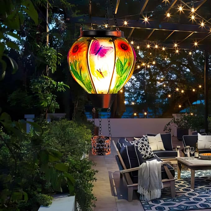 Hot Air Balloon Solar Lantern Butterfly Solars Powered Hot Air Balloon Lantern Outdoor Waterproof Glass Hanging Hots Air Balloons Solar Light for Outdoor Patio Garden Decor