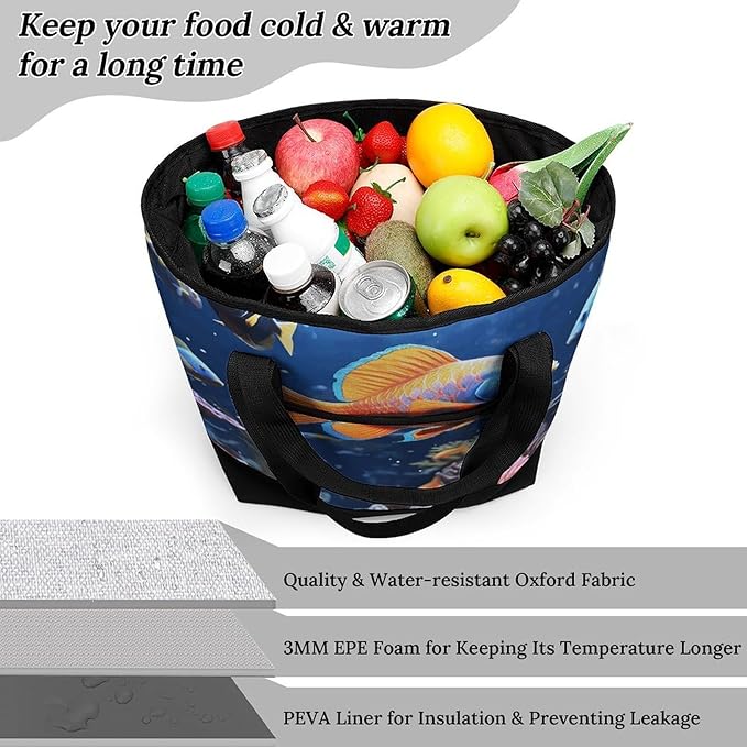 Insulated Shopping BagLarge Reusable Cooler Bags Fishs Printed Foldable Shopping BagTravel Waterproof Shoulder Bag