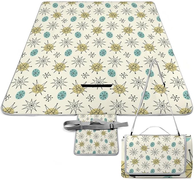 Modern Atomic Stars Retro Colors Stock Illustration Waterproof Outdoor Picnic Blanket Sandproof Beach Mat for Camping Hiking Grass Travelling