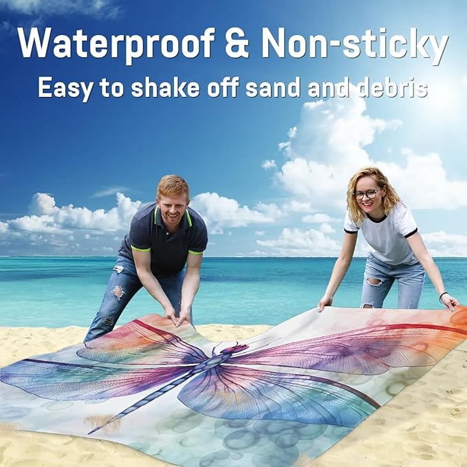 Dragonfly Animal Lightweight Beach Blanket Waterproof Sandproof 59X68 Sand Free Beach Mat with 4 Stakes Compact Outdoor Blanket for Beach Quick Drying Picnic Mat for Travel Camping