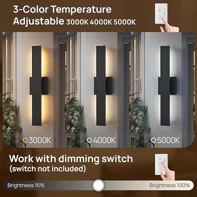 Upgraded 2-Pack 23.6in Modern LED Outdoor Wall Lights 3000K 4000K 5000K Dimmable Black Exterior Wall Sconce Long Outside Light fixtures for House Garage Front Door