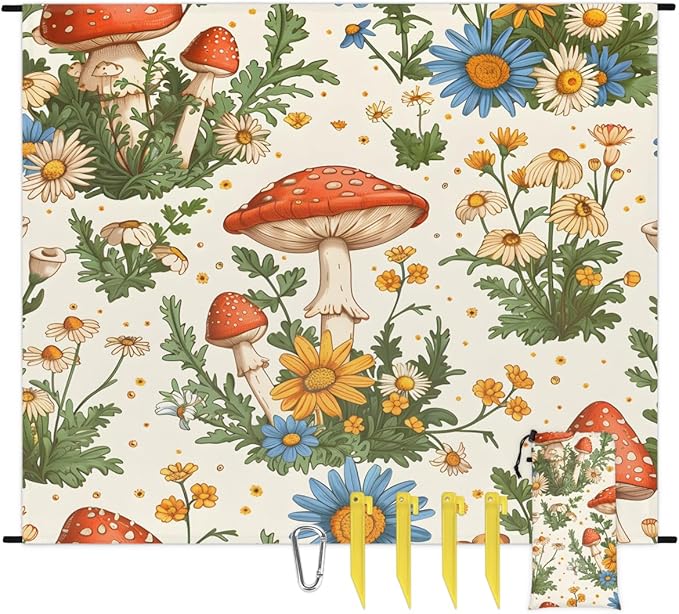 Waterproof Sandproof Beach Blanket 59''×68'' Mushrooms Polyester Outdoor Picnic Blanket with 4 Stakes &amp Storage Bag for BeachCampingVacation Wildflowers