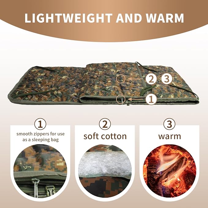 WINWAY Outdoor Down Camping Blanket Military Camping Sleeping Bag with ZipperPackable Waterproof Lightweight Poncho Liner for HikingTravel Stadium