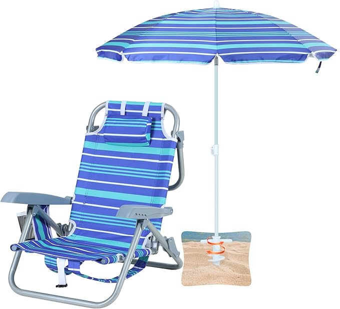 Kids Beach Chair Blue Striped 5-Position Reclining Aluminum Frame Backpack-Foldable Umbrella with Sand Anchor Cup Holder Storage Pocket Perfect for Kids (1-Pack)