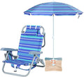 Kids Beach Chair Blue Striped 5-Position Reclining Aluminum Frame Backpack-Foldable Umbrella with Sand Anchor Cup Holder Storage Pocket Perfect for Kids (1-Pack)