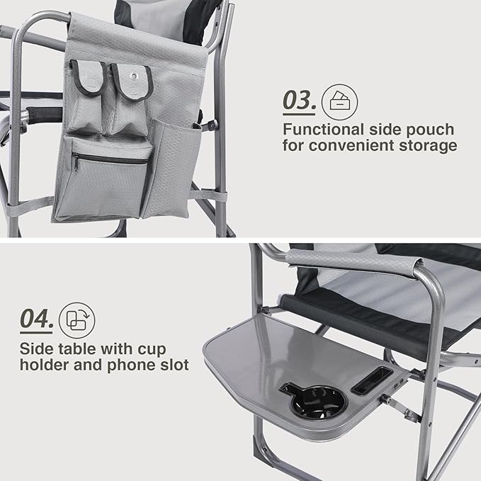 EVER ADVANCED Aluminum Lightweight Folding Director Chair 350lbs Heavy Duty Camping Chair with Side Table &amp Storage 19 Joint-Friendly Height Easy to Stand Portable Makeup Artist &amp Vendor C