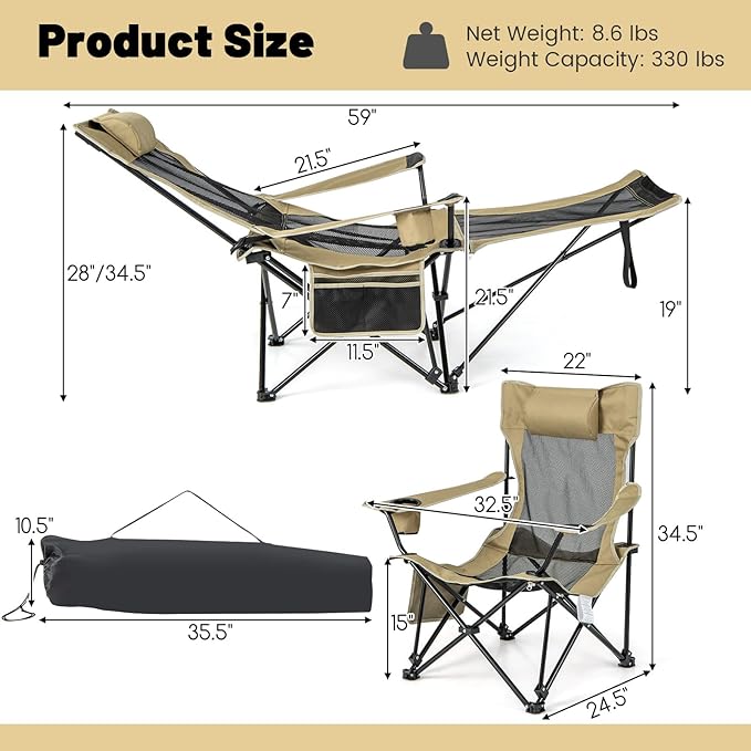 GYMAX Camping Chair Adjustable Reclining Lounge Chair w/Removable Footrest Padded Pillow Cup Holder &amp Side Pocket Folding Camping Mesh Chair w/Carry Bag for Outdoor Patio Lakeside (2 Khaki)