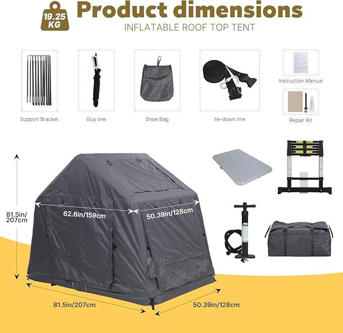 CDEN Inflatable Rooftop Tent SUV Truck Bed Tent 2-3 Person Pop-Up Car Roof Top Tent Overland Tents with Air Mattress Ladder Rainfly Pump for Camping Outdoor Travel