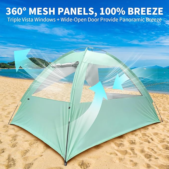 Beach Tent for 3-4 Person Large Easy Setup Beach Shade Canopy with UPF 50＋ UV Protection Portable Shade Tent with 3 Ventilating Mesh Windows for Outdoor Picnics Fishing