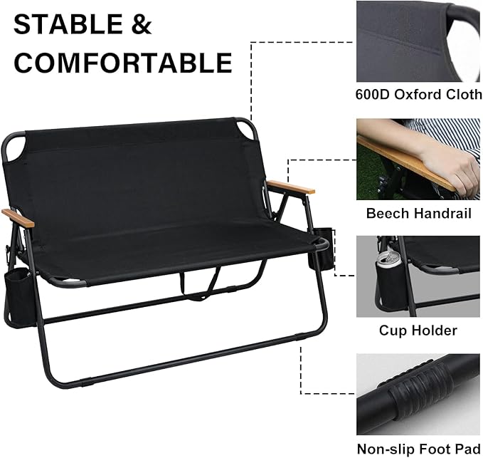 ptlsy 2 Person Camping Chair Oversized Loveseat Camping Chair with Seat Cushion Double Camping Chairs for Adults Heavy Duty Camping Couch Black Outdoor Folding Chair Portable Patio Lawn Chair