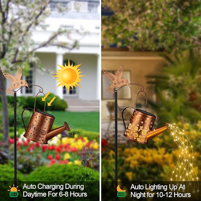 Outdoor Hanging Solar Lantern Waterproof Set Outside Metal Sunflower &amp Butterfly watering can Landscape Lights for Garden Yard Patio Pathway Decor Birthday Gifts for Women Mom Grandma -With Floor