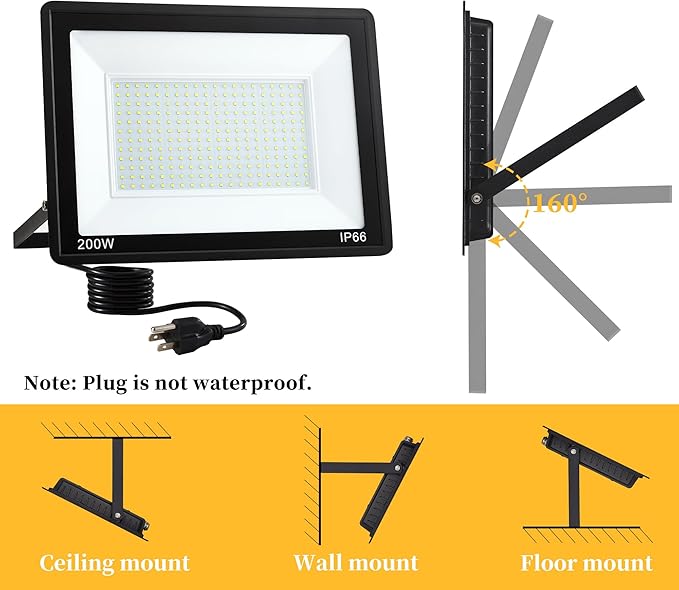 ADYENA 2 Pack 200W LED Flood Lights Outdoor Plug in 25000 LM Super Bright Led Stadium Lights Waterproof LED Work Light IP66 6000K Daylight White Floodlights for Patio Yard Garden Playground