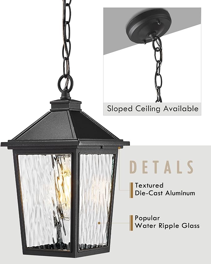 Outdoor Hanging Pendant Light HWH 12 Inch Hanging Porch Light Outdoor Pendant Light Fixture with Adjustable Chain Die-Cast Aluminum with Water Ripple Glass 5HX64H SW BK