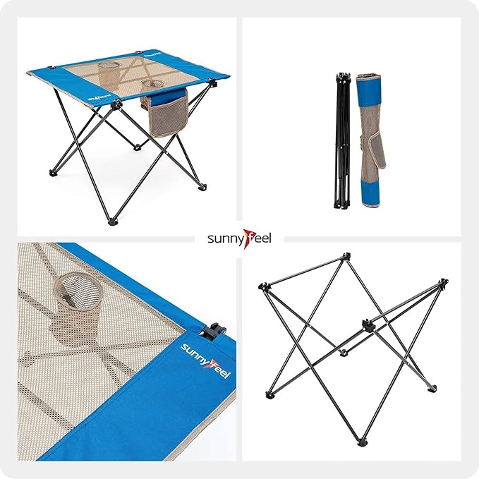 SUNNYFEEL Outdoor Folding Table | Lightweight Mesh Compact Camping Table Roll Up Top 2 People Portable Camp Tables with Carry Bag for Picnic/Cooking/Beach/Travel/BBQ
