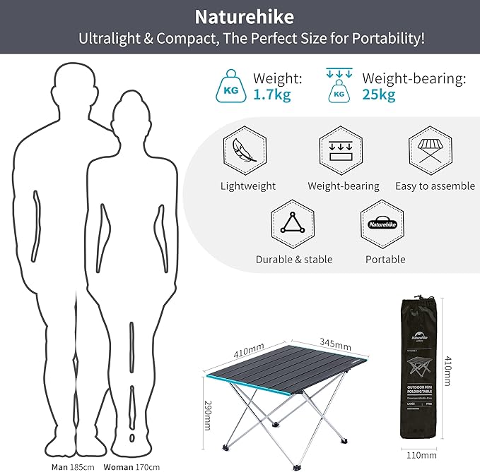 Naturehike FT08 Portable Camping Table Ultralight Aluminum Folding Beach Table with Carry Bag for Outdoor Cooking Picnic Camp Boat Travel