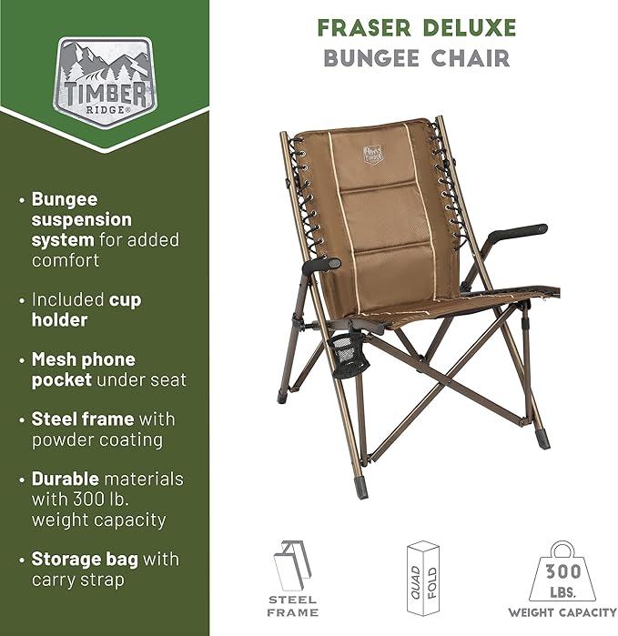 Timber Ridge Bungee Folding Camping Chairs for Adults Heavy Duty Collapsible Padded Chair with Armrests Cup Holder Foldable Outdoor Lounge Chairs for Fishing Lawn Supports 300 lbs Earth Brown