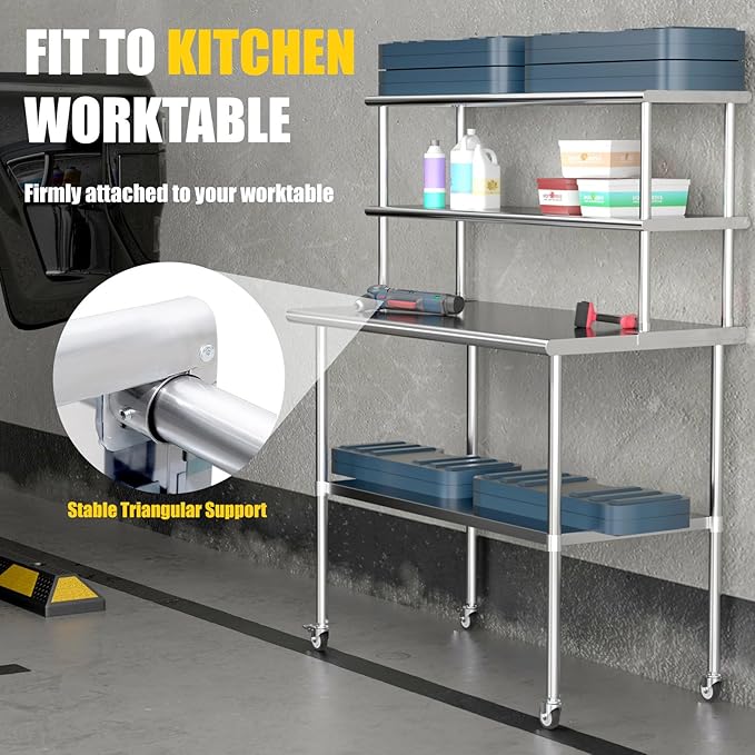 Double Overshelf Double Tier Stainless Steel Shelf 12 x 48 Inches Adjustable Height Commercial 2 Tier Shelf 360lb Load Capacity for Prep &amp Work Table in Restaurant Home and Kitchen