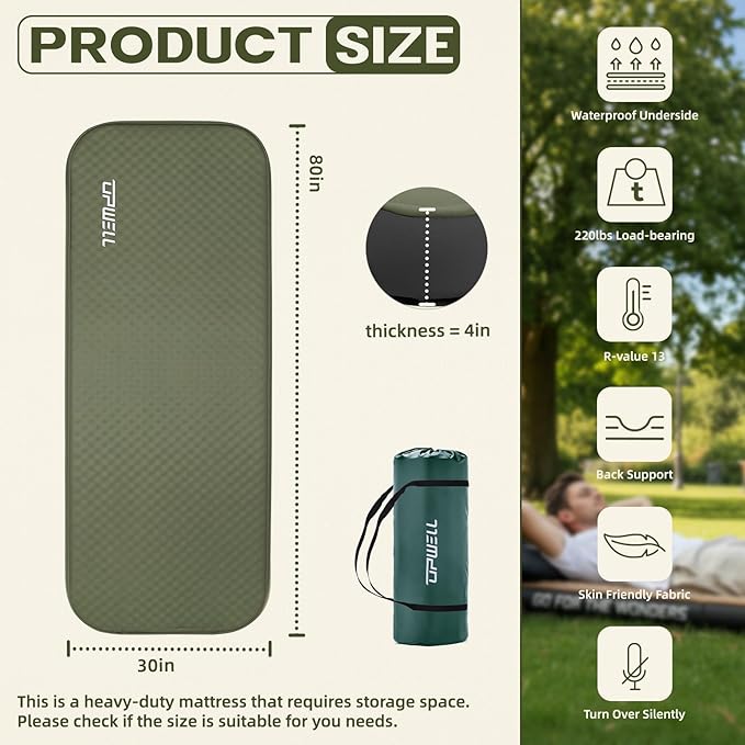 UPWELL Self Inflating Sleeping Pad 4.5 Thickness Camping Mattress with Solid Foam Single Sleeping Mat Portable Fast Inflation for Outdoor Mat Portable Roll Upwith air Pump