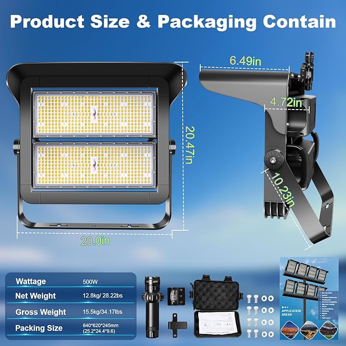 75000LM Dimmable Led Stadium Flood Light 3000W Equivalent Super Bright 0-500w Led Arena Lights 100-277v 5000k Yoke Mount Ip66 Waterproof Outdoor Wall Light Commercial forYardBarnCourt